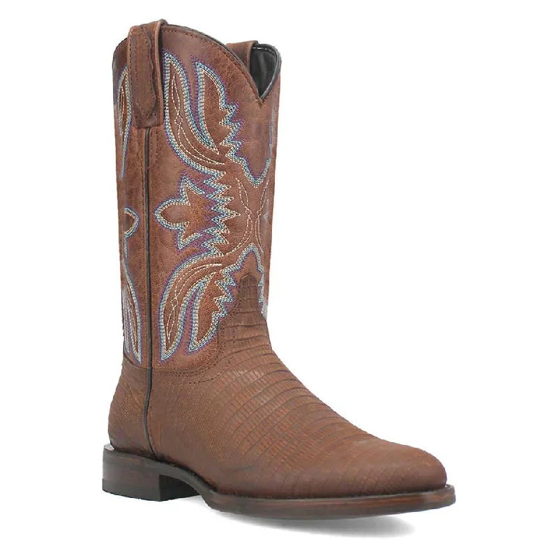 boots with cushioned sole-  Dingo Saw Buck Brown Lizard Print Snip Toe Leather Boots