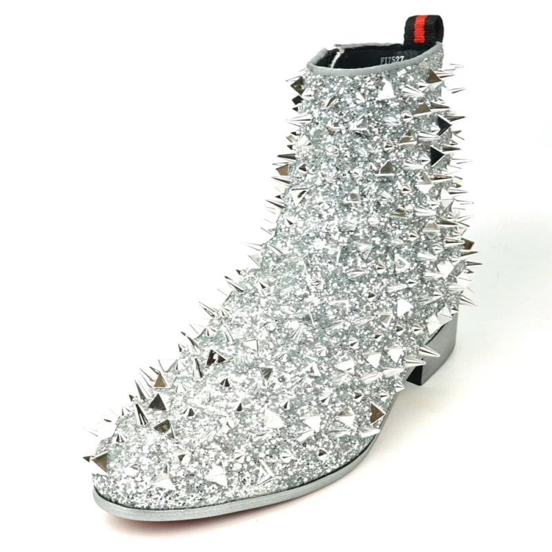 boots for dresses-  Fiesso FI-7527 Silver Glitter Silver Spikes Encore Boots