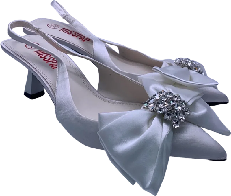 Misspap White Satin Slingback Heeled Shoes with Bow and Jewel Detail UK 4