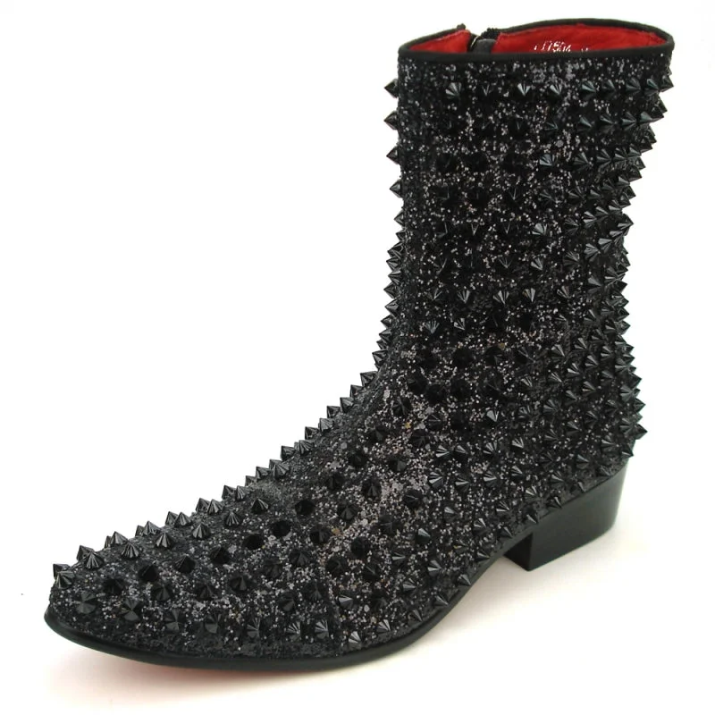 boots with memory foam-  Fiesso FI-7504 Black Glitter Black Spikes Boots