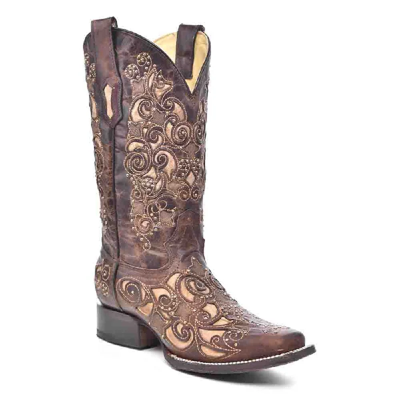 boots for school-  Corral Women’s Brown Inlay, Studs & Embroidery Boots