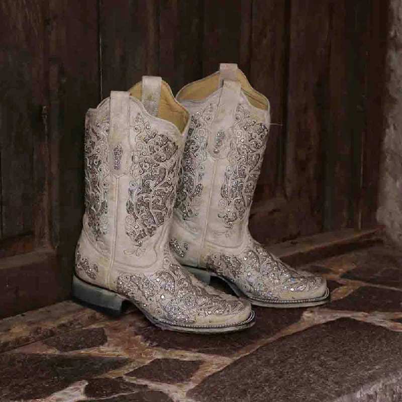 boots for outdoor workers-  Corral Women’s Eliza White Glitter Inlay & Crystals Boots