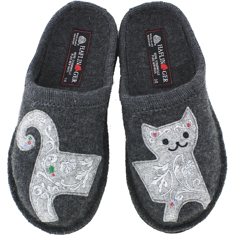 comfortable lightweight slippers-  slippers with a fun animal design-Women's Haflinger Lizzy Cat Grey Wool