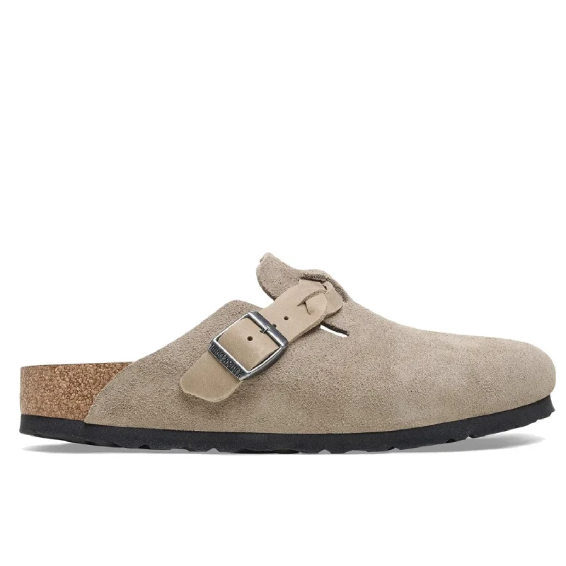 easy to wear slippers-  slippers with soft cotton lining for comfort-Women's Birkenstock Boston Taupe Suede/Oiled Leather