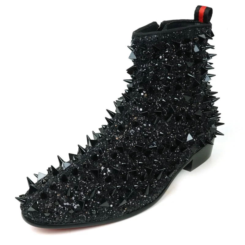 boots for fall season-  Fiesso FI-7527 Black Glitter Black Spikes Encore Boots