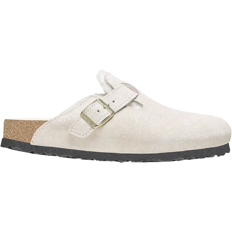 mules-&-clogs-with-stiletto-heel-Comfortable-clogs-with-sturdy-sole-Women's Birkenstock Boston Shearling Antique White Suede