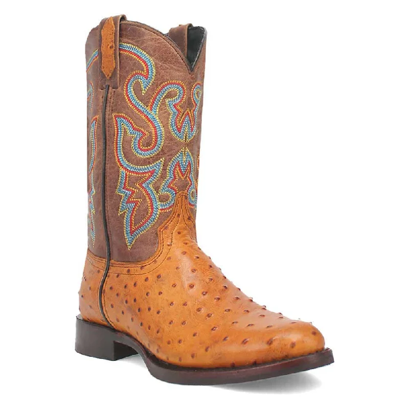 boots for flat foot-  Dingo's Ranger Enhanced Brown Ostrich Print Snip Toe Leather Boots