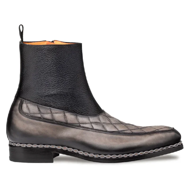 boots for weekend outings-  Mezlan Musico Dark Grey/Black Calfskin with Contrast-Braided Sole Dress Zip Boots