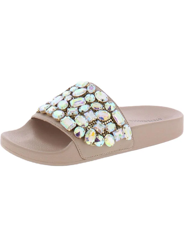 sandals with contoured footbed-  Sandals for a laid-back beach lifestyle-Simplify Womens Slip On Rhinestone Slide Sandals