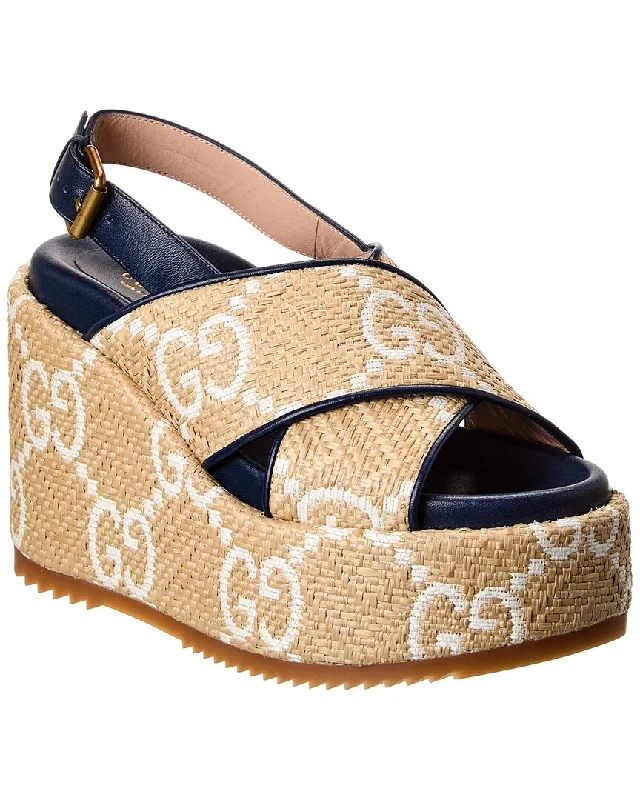 sandals with statement design-  Comfortable sandals for beachside summer fun-Gucci Straw & Leather Platform Wedge Sandal