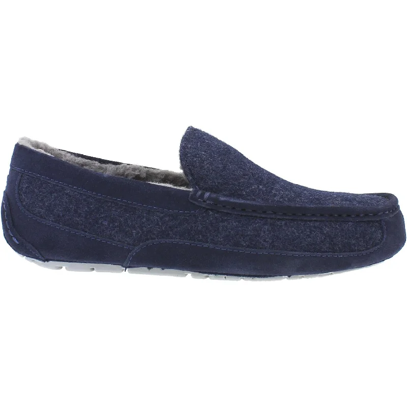 house slippers for hard floors-  slippers with memory foam sole-Men's UGG Ascot Wool Dark Sapphire Wool/Suede