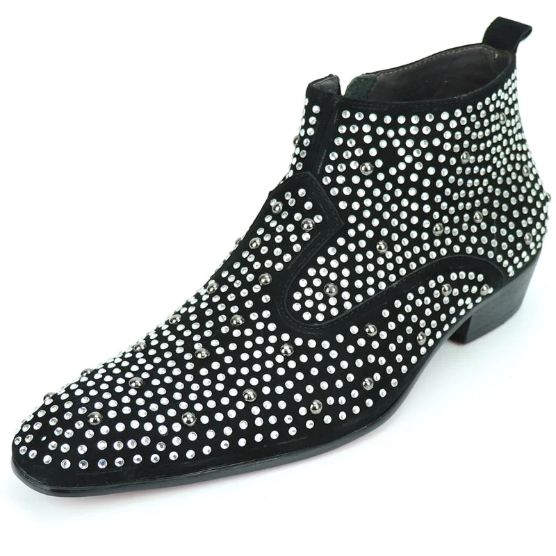 boots for cocktail dresses-  Fiesso FI-7284 Black Suede Silver Stones Boots