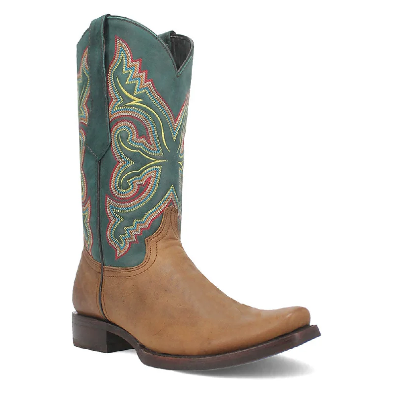 boots for work safety-  Dingo True Grit Tan and Green Snoot Toe Leather Western Boots