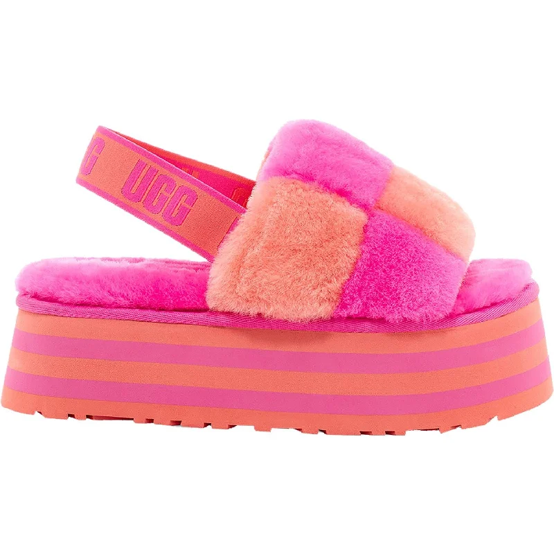 fluffy slippers-  slippers with comfortable lining-Women's UGG Disco Checker Slide Vibrant Coral/Rock Rose Sheepskin