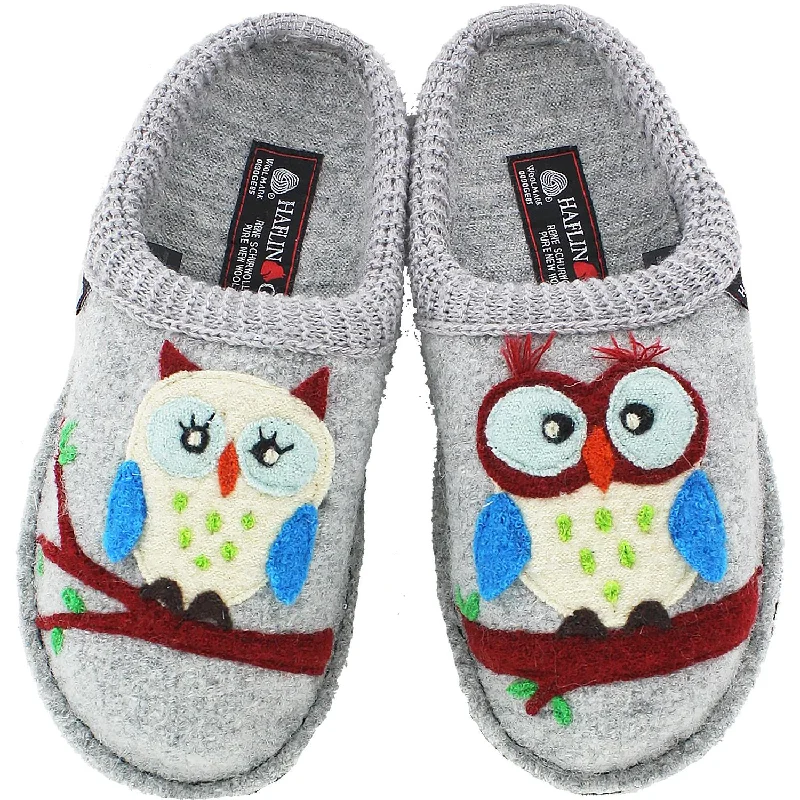 extra wide slippers-  slippers for relaxing indoors-Women's Haflinger Olivia Owl Silver Grey Wool